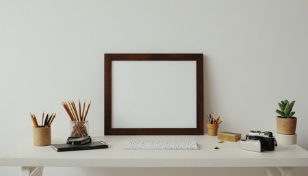 Modern workplace with blank picture frame, stationery and decorations on tableの素材