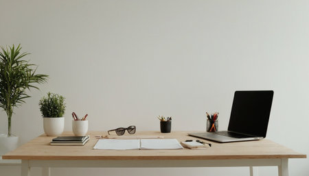 Modern workplace with laptop, supplies and copy space on white wall backgroundの素材