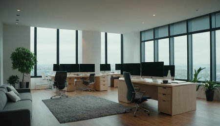 Modern office interior with computers and city view. 3D Renderingの素材
