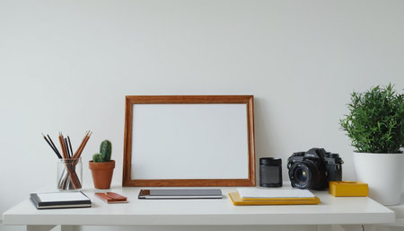 Modern workspace with blank picture frame, camera, stationery and accessories on white tableの素材