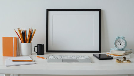 Modern workspace with blank frame, keyboard, coffee cup and other items on white table.の素材