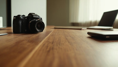 laptop and camera on wooden table in office. vintage color toneの素材