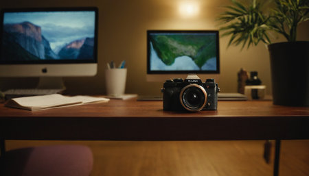 Photographer's workplace with photo camera and computer monitors on the tableの素材