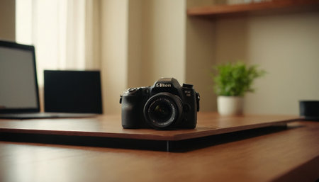 Digital camera on a desk with laptop and plant in the background.の素材