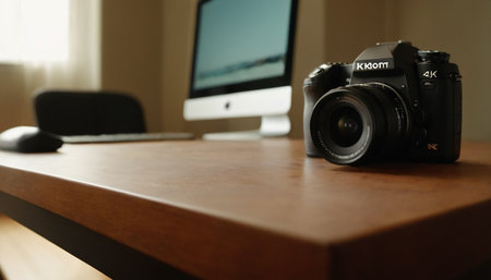 Digital camera on a desk in a home office. Selective focus.の素材
