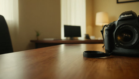 Photographer's workplace with camera on wooden table in the office.の素材