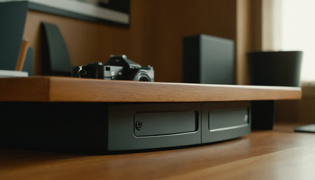 Wooden shelf with a camera and a laptop on a wooden tableの素材