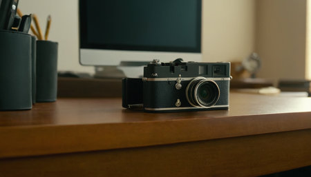 Vintage camera on the table with computer and stationery in the backgroundの素材
