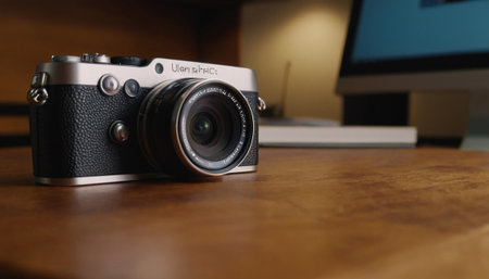 Retro camera on a wooden desk with a computer in the backgroundの素材