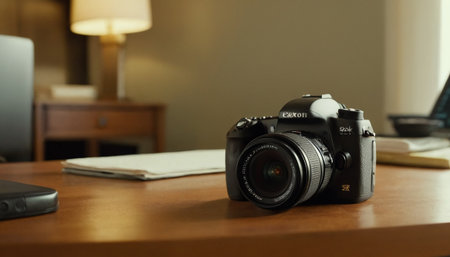 Digital camera on a table in a hotel room. Close-upの素材