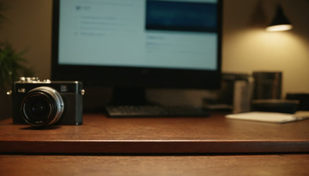 Retro camera on wooden desk in office. Blurred background.の素材