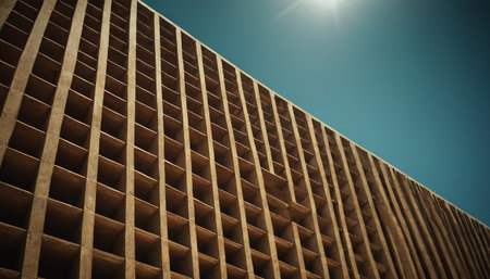 Low angle view of a row of wooden boxes against a blue skyの素材