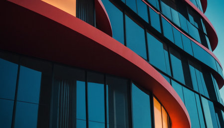 Detail of the facade of a modern office building with blue skyの素材
