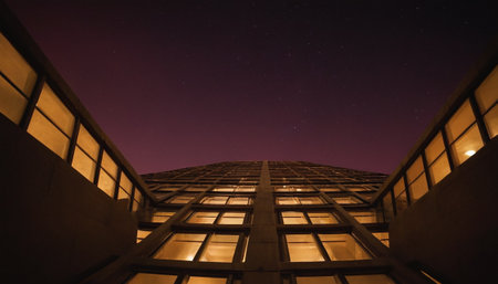 Night view of a modern building in the city of Madrid, Spainの素材
