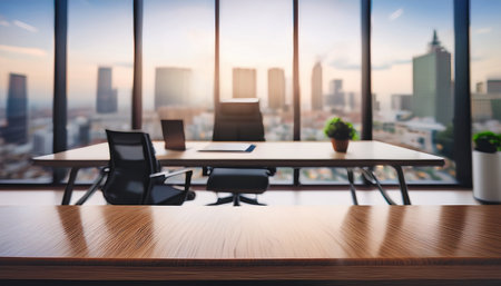 Wood Table Top And Blur Cityscape of the Business Center Backgroundの素材