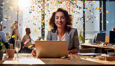 Businesswoman sitting at table in office with confetti and looking at cameraの素材