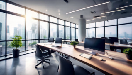 Modern office interior with furniture and equipment. Blurred background. Toned imageの素材