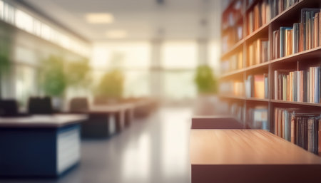 Wooden table and bookshelves in the library. 3d renderingの素材