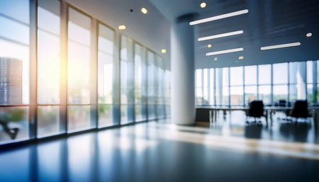 Modern office interior with glass wall and sunlight. Blurred background.の素材