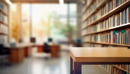 Table Top And Blur Bookshelf In Library Of The Backgroundの素材