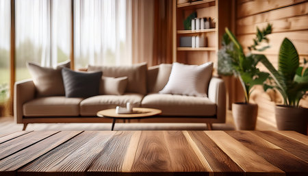 Wooden table in living room interior with sofa, bookshelf and coffee cupの素材