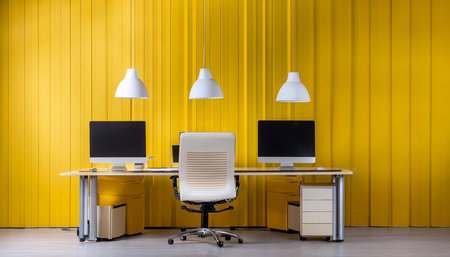 Modern office interior with yellow wall and wooden floor. Workplace conceptの素材