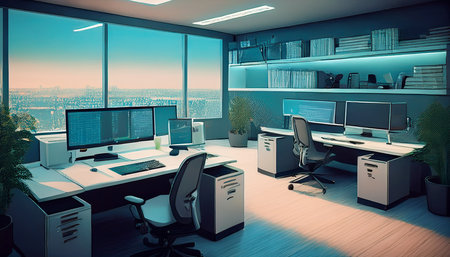 Modern office interior with computers and city view. 3D Renderingの素材