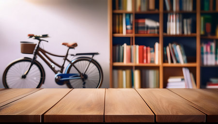 Wooden table and bicycle on the background of bookshelves.の素材