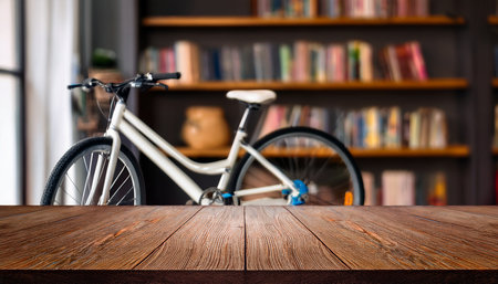 Empty wooden table for product display montage with bicycle on background.の素材