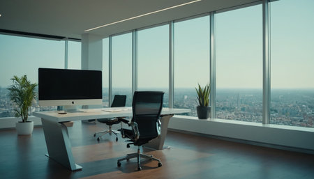 Modern office interior with panoramic window overlooking the city. 3D Renderingの素材