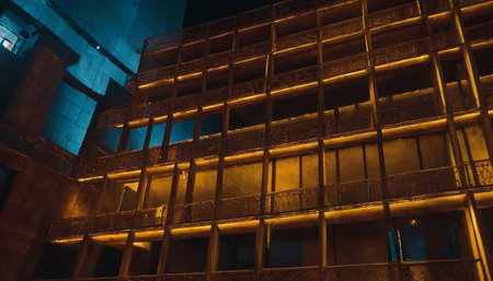 A low angle shot of the facade of a building in the nightの素材