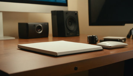 Closeup of a desk in a modern office with computer and speakerの素材