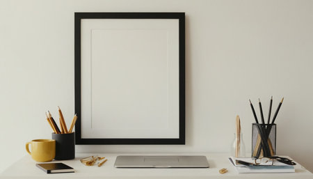 Mock up blank frame, stationery and laptop on white desk.の素材