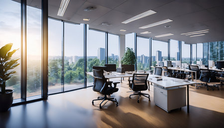 Modern office interior with panoramic window and city view. Mixed mediaの素材