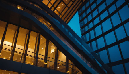 Modern office building at night, low angle view of the facade.の素材
