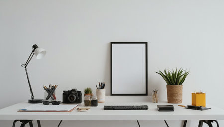 Modern workspace with mock up poster frame, computer keyboard, stationery and plants on white deskの素材