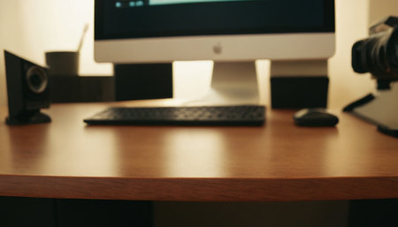 Blurred image of computer and equipment on the desk in the officeの素材