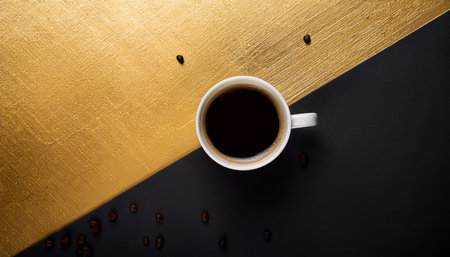 Coffee cup and coffee beans on black and gold background.の素材