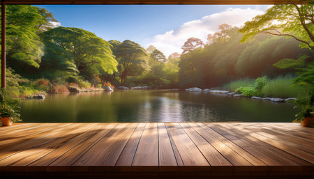 Wood table top on blur background of beautiful nature landscape with lake in the morning.の素材