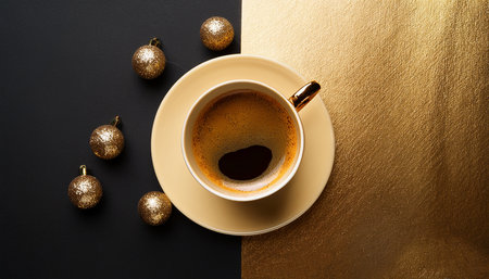 Cup of coffee with christmas balls on black and gold backgroundの素材