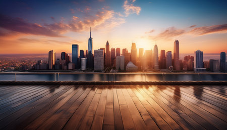 Shanghai skyline at sunset with wooden floor and wooden deck.の素材