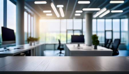 Wood table top on blur background of modern office with business people.の素材
