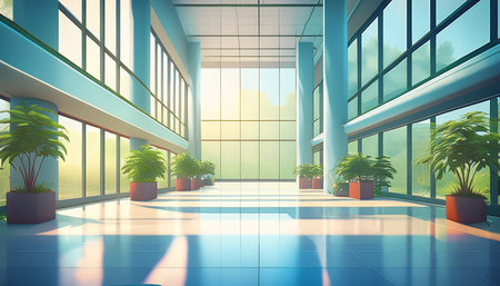 Interior of modern office building with panoramic windows. 3D renderingの素材