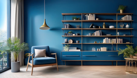 Blue living room interior with bookshelf and armchair. 3d renderの素材