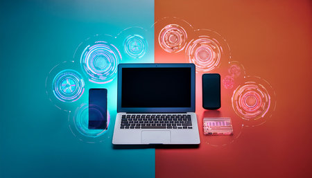 Top view of laptop, smartphone and tablet on colorful background. Technology conceptの素材