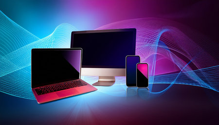 Laptop, smartphone, tablet pc and computer with abstract wave backgroundの素材