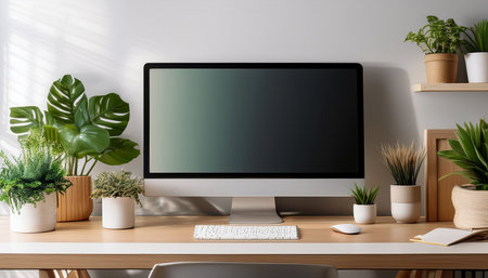 Close up of modern workplace with blank computer screen, coffee cup and house plants. Mock up, 3D Renderingの素材