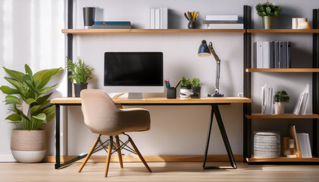 Modern workplace with computer and other items on wooden floor in office roomの素材