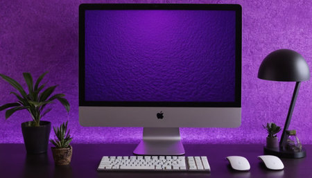 Computer screen with keyboard, mouse, lamp and plant on purple backgroundの素材