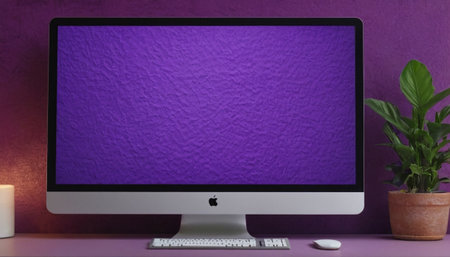 Computer with blank screen on purple wall background, 3D rendering.の素材